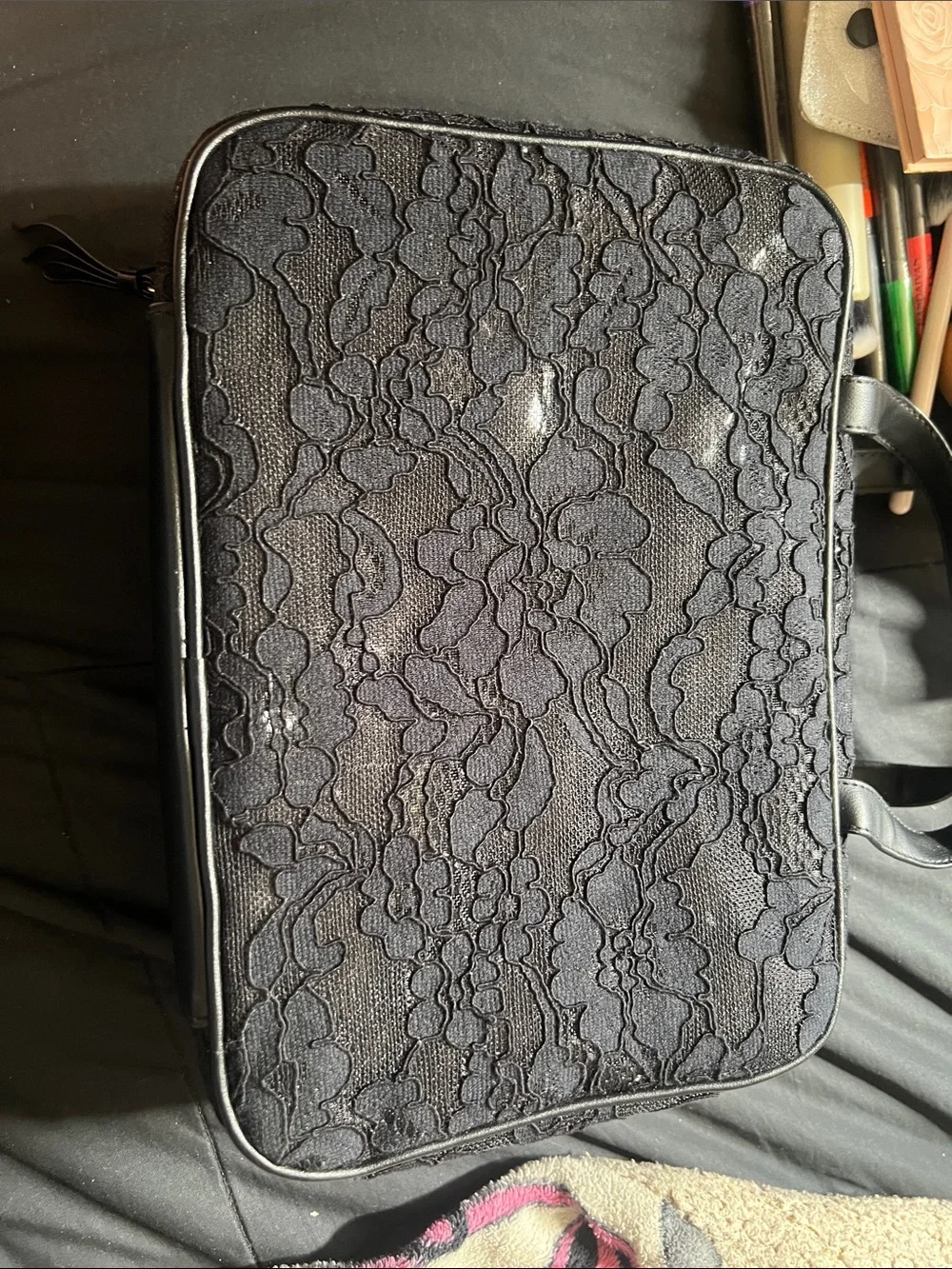 Victoria's Secret Black Lace Cosmetics Bag with Gold Logo Accent